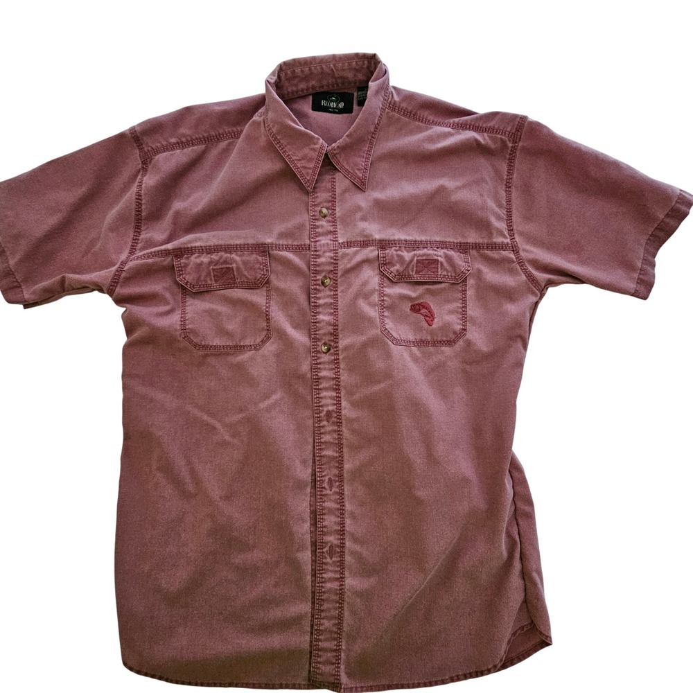 RedHead Mens XL Short Sleeve Button Down‎ Shirt Maroon Fish Logo Workwear Casual